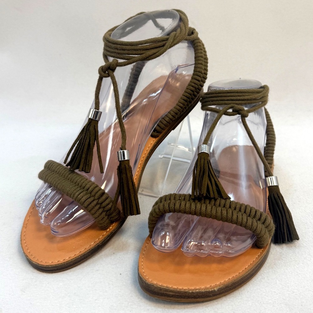 Forever 21 Women Olive Green Rope Gladiator Wrap Sandals Tassels Size 7 Flat